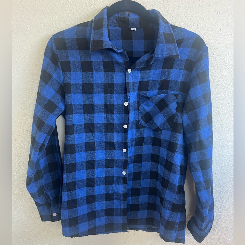 Kids Blue and Black Plaid Button-Up Shirt size 14